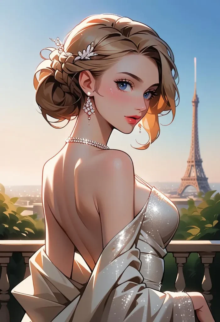 AI generated image of an elegant woman with long hair in an updo, standing in front of the Eiffel Tower in Paris. She is wearing a sparkling off-shoulder dress.