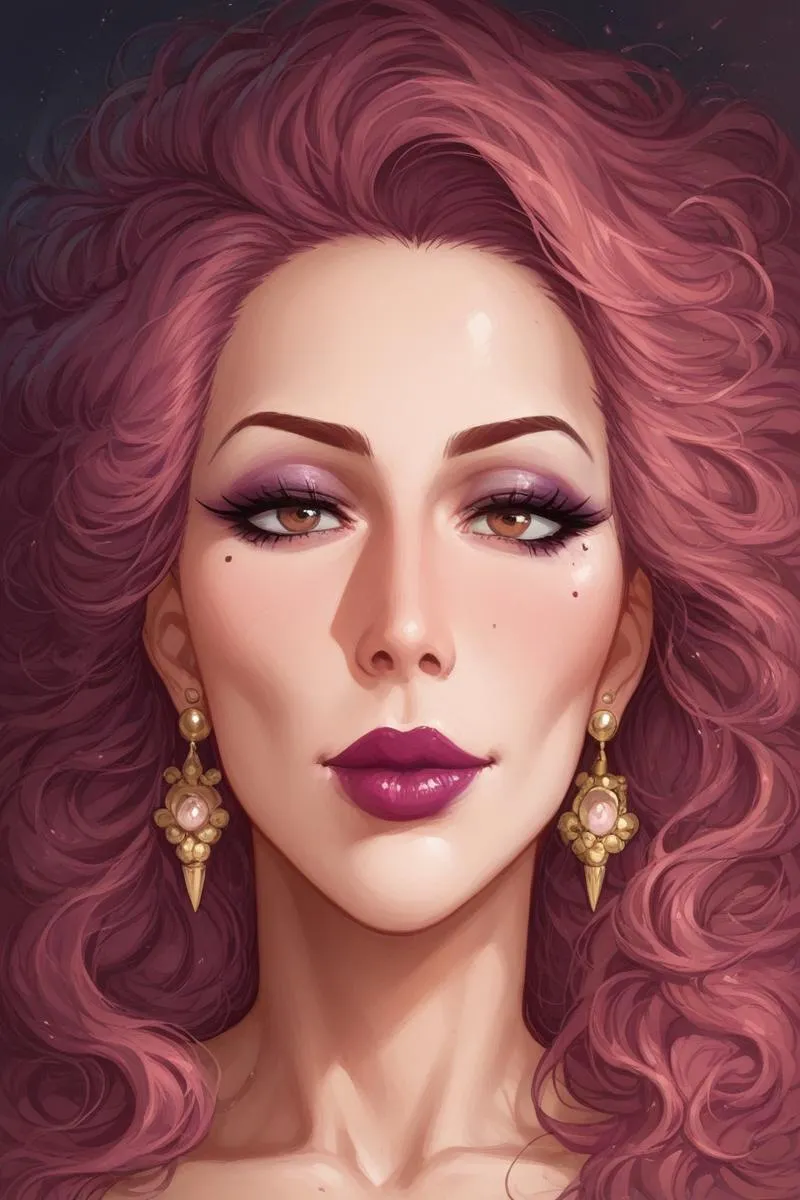 A beautifully illustrated AI generated portrait of a woman with pink hair, gold earrings, and elegant makeup, created using Stable Diffusion.