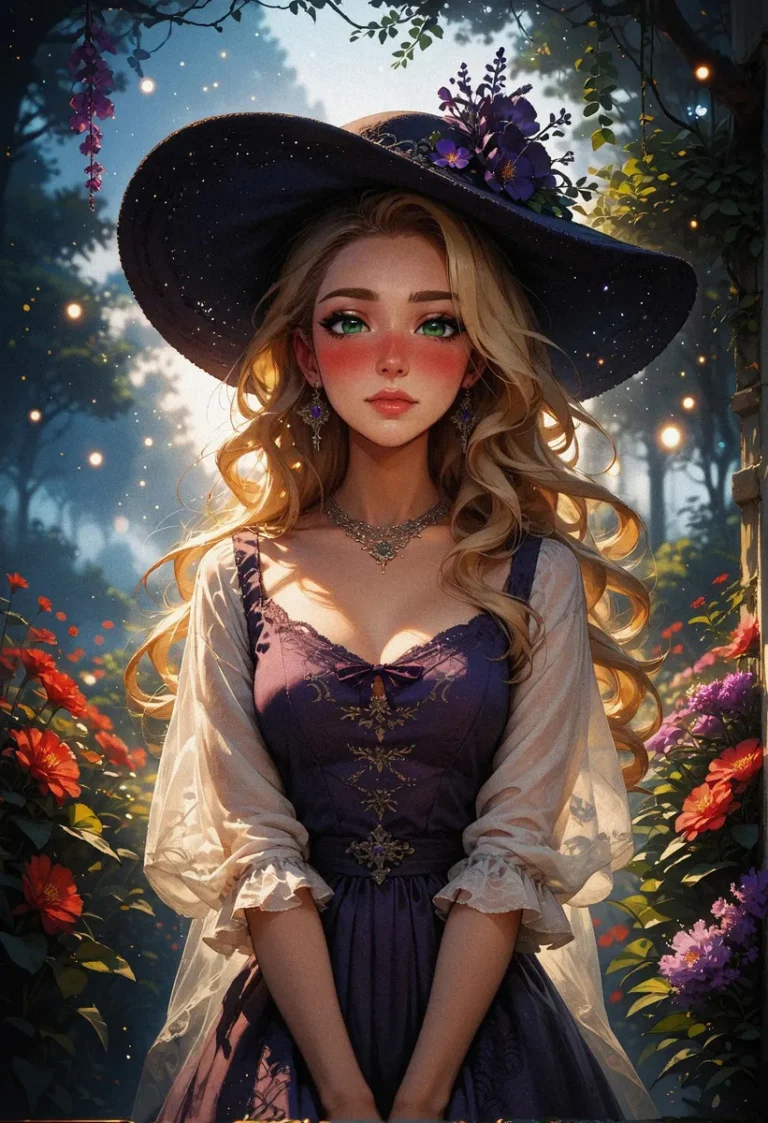 AI-generated image of an elegant woman with long blonde hair, wearing a wide-brimmed hat and a purple dress, standing in a sunset-lit garden with colorful flowers, created using Stable Diffusion.