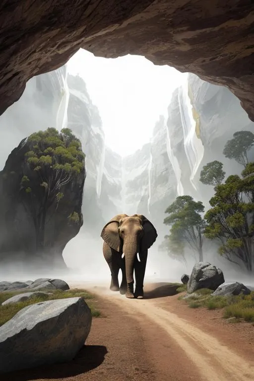 An AI generated image of an elephant standing on a dirt path surrounded by lush greenery and towering cliffs with waterfalls using Stable Diffusion.