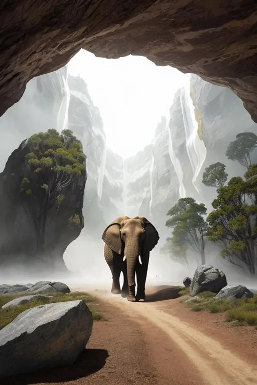 An ai generated image of an elephant standing on a dirt path surrounded by lush greenery and towering cliffs with waterfalls using stable diffusion.