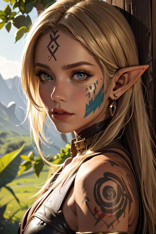 A fantasy elf girl with intricate face paint, created using AI and Stable Diffusion. She has pointed ears, long blonde hair, and diverse tattoos on her face.
