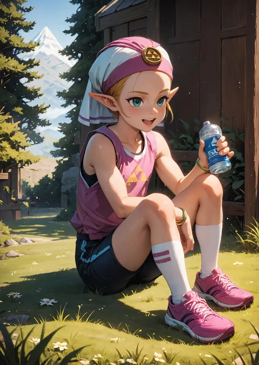 Anime style elf girl resting during a hike, created using Stable Diffusion.