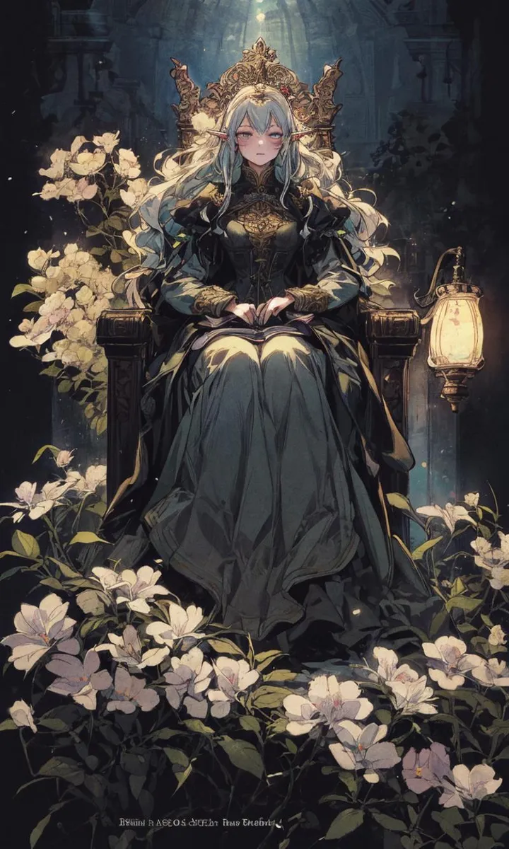 AI-generated image of a fantasy elf queen with long silver hair, seated on an ornate throne amidst blooming flowers, created using Stable Diffusion.