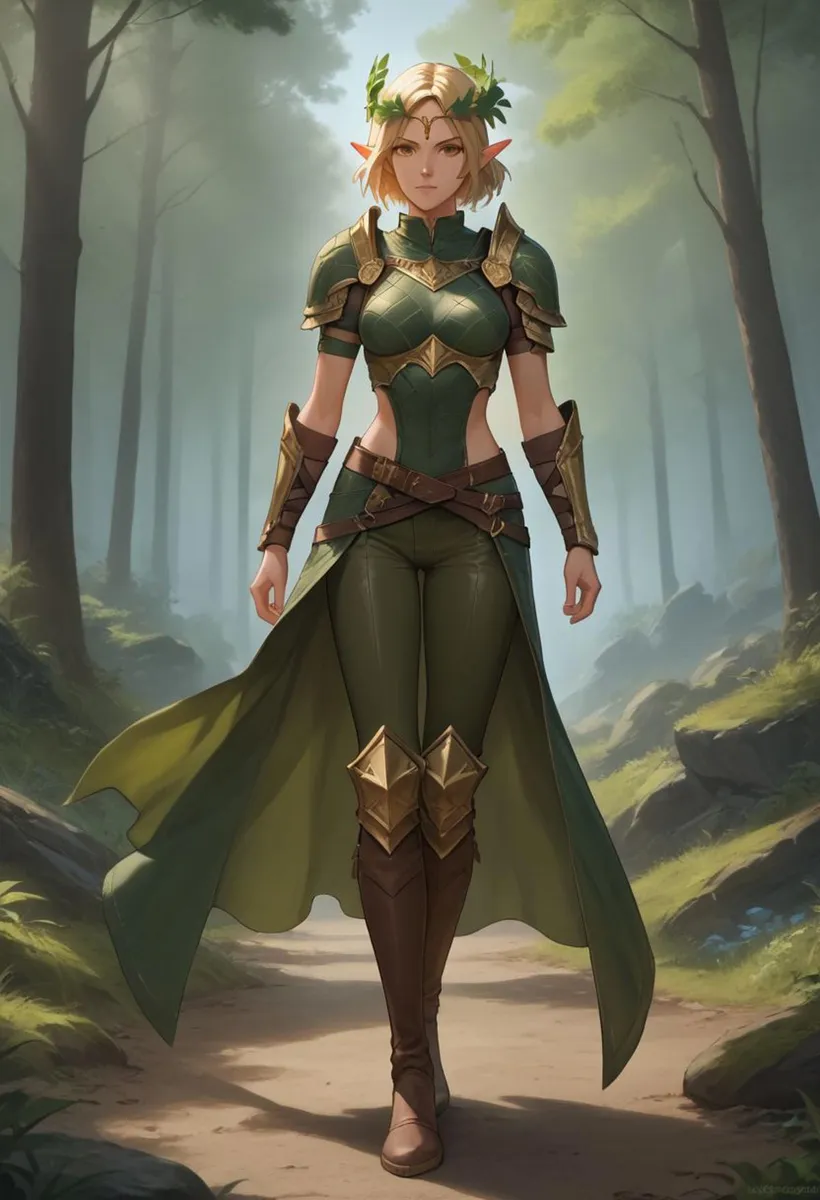 Elf warrior with short blonde hair and green armor walking through a mystical forest. AI generated image using Stable Diffusion.