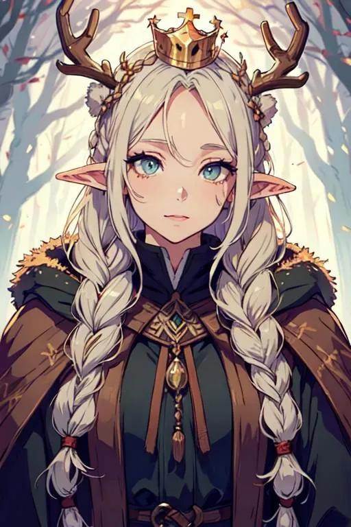A fantasy elf princess with long braided white hair, pale skin, a crown with antlers, and a green and brown cloak. This AI generated image uses Stable Diffusion.