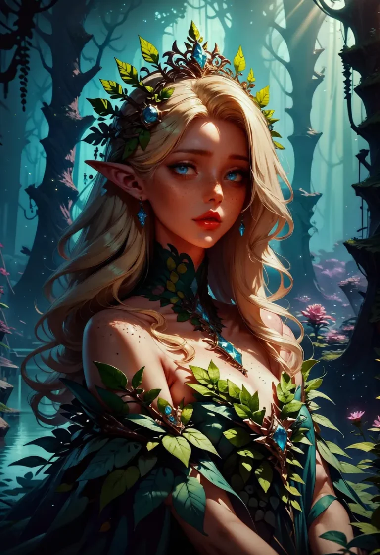 AI-generated image using Stable Diffusion of a blonde elf princess standing in an enchanted forest, wearing a crown of leaves and jewels.