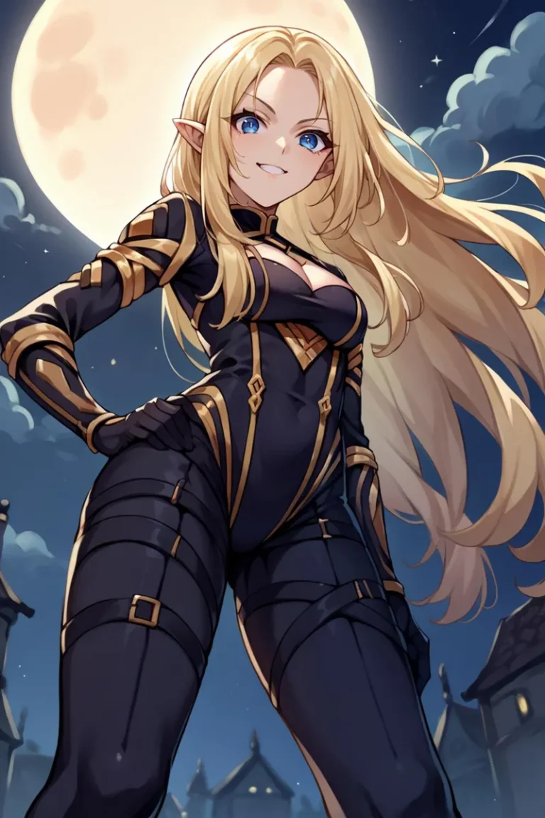 AI generated image using Stable Diffusion of a confident elf warrior with long blonde hair and blue eyes in black and gold armor, standing against a full moon backdrop.