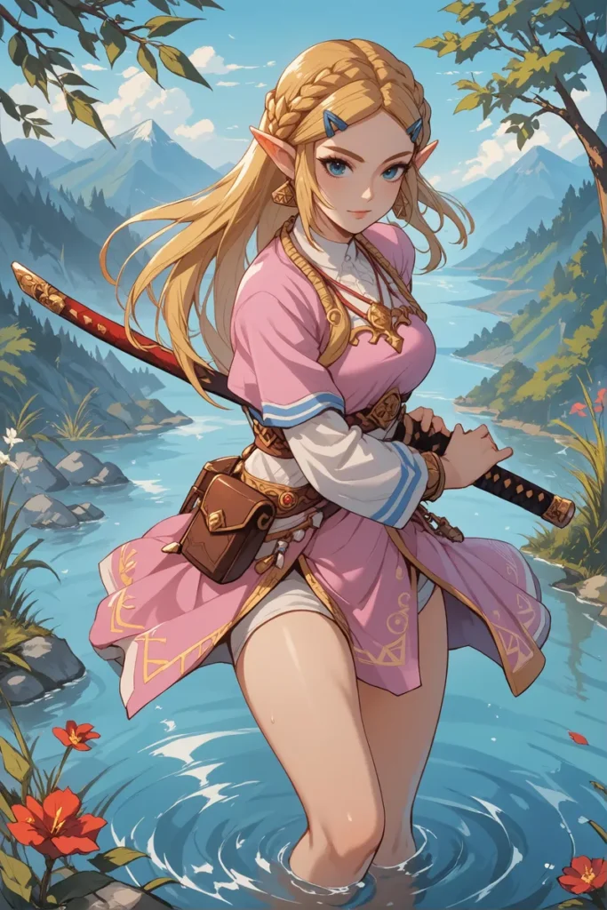 Anime-style fantasy image of an elf warrior with long blonde hair, dressed in a pink dress, standing in a river holding a sword. AI-generated with Stable Diffusion.