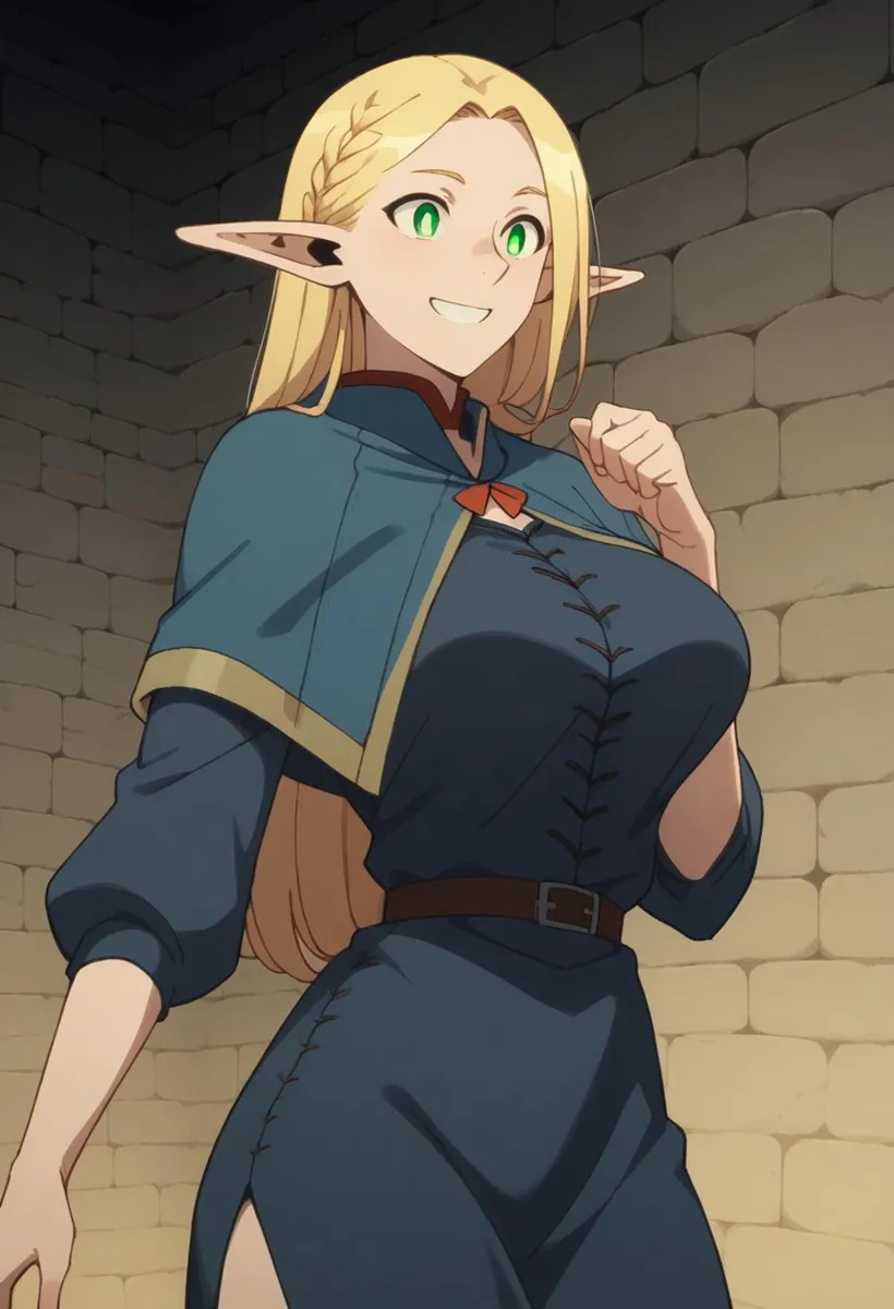 Anime-style illustration of an elf woman with green eyes and long blonde hair, wearing a blue outfit, AI-generated using Stable Diffusion