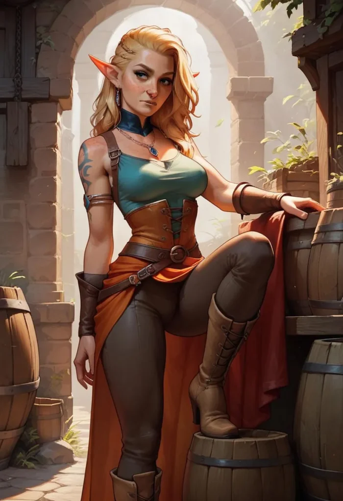 A stunning AI-generated image using stable diffusion, depicting a confident elf woman with long blonde hair, pointed ears, and fantasy attire in a tavern setting with arches and barrels.