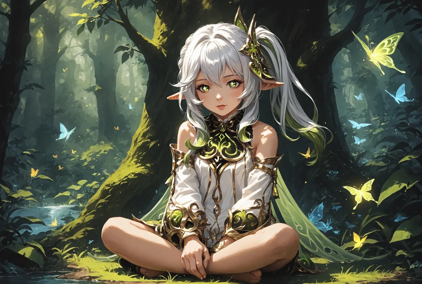AI-generated image of an elven girl with white hair and green eyes sitting in an enchanted forest, created using Stable Diffusion.