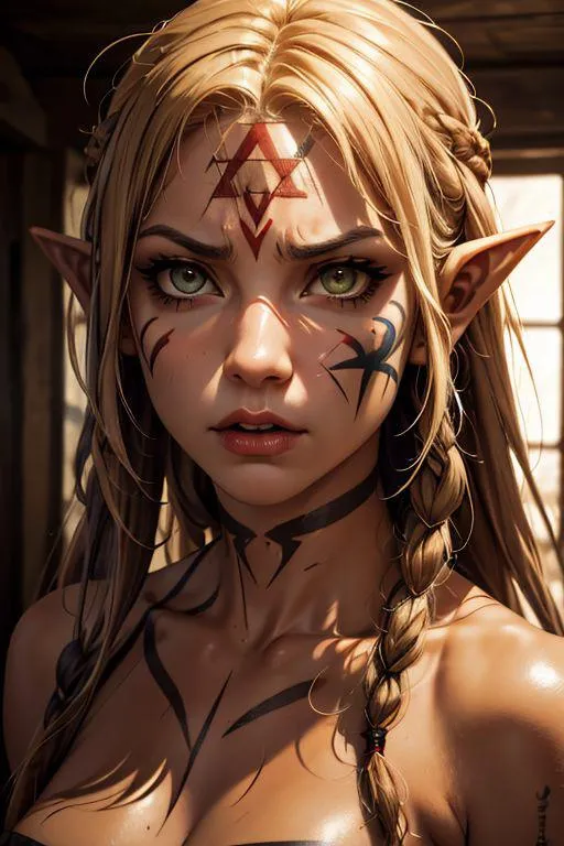 Detailed fantasy portrait of an elven warrior with blonde hair and tribal tattoos. This is an AI generated image using Stable Diffusion.