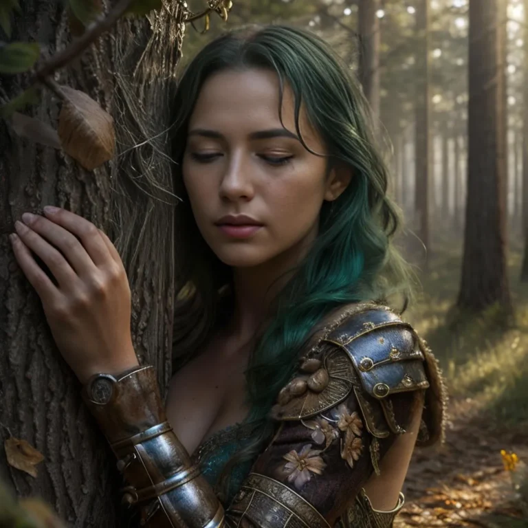 Elven warrior with green hair, dressed in detailed medieval armor, resting against a tree in a mystical forest, AI generated using Stable Diffusion.