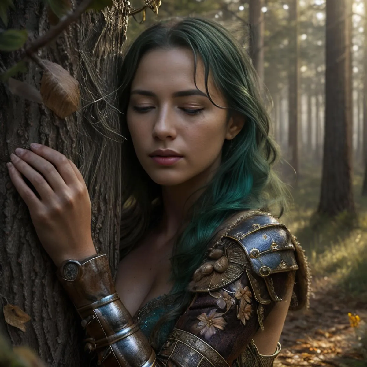 Elven warrior with green hair, dressed in detailed medieval armor, resting against a tree in a mystical forest, AI generated using Stable Diffusion.