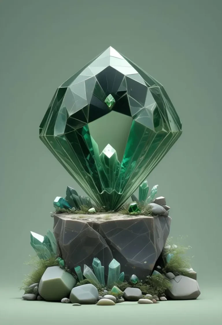 A giant emerald crystal gemstone with sharp facets, placed on a rocky base with smaller green crystals and moss, AI generated using stable diffusion.