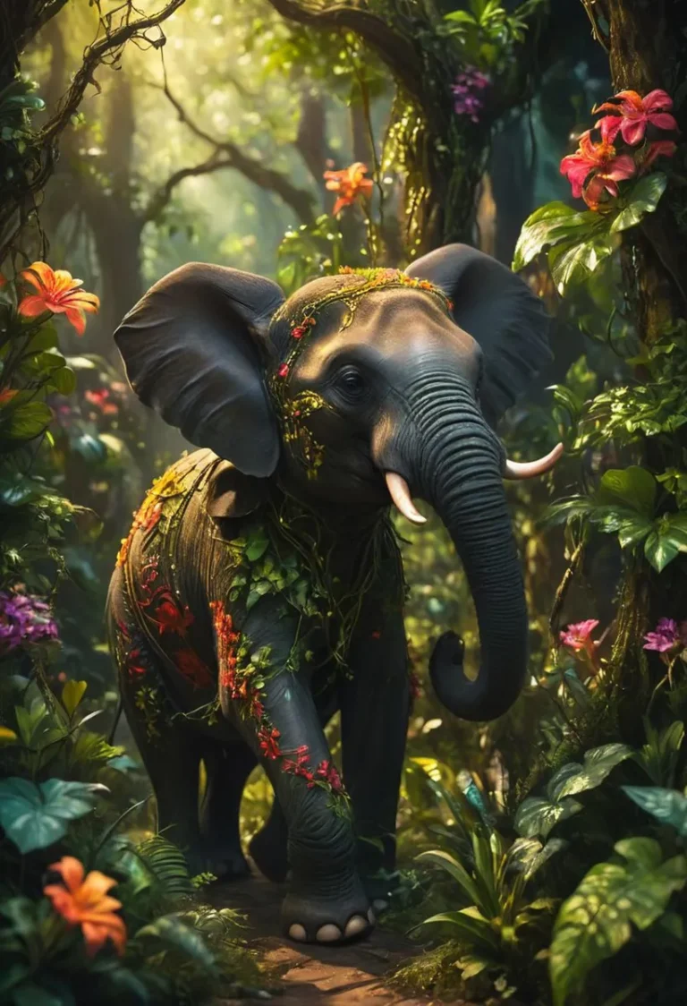 A baby elephant adorned with colorful flowers and vines standing in a mystical forest, AI generated using Stable Diffusion.