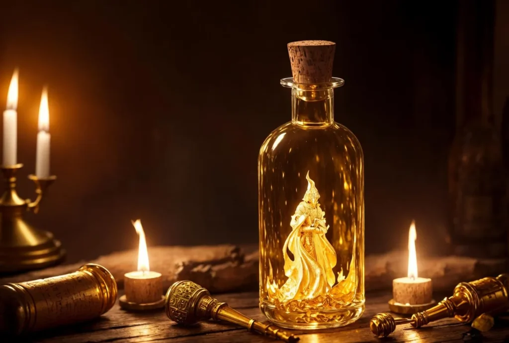 A golden miniature figure encapsulated in a bottle surrounded by candles and mystical artifacts, an AI-generated image using Stable Diffusion.