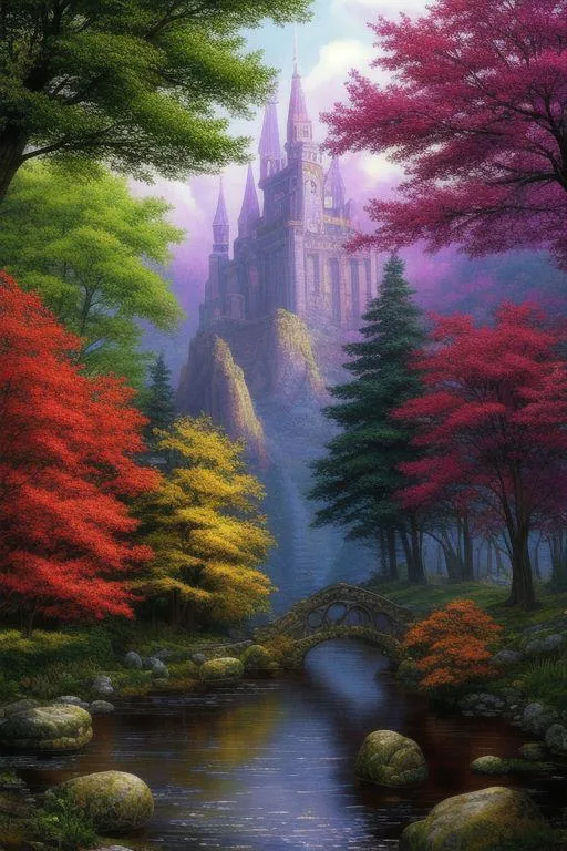 A fantasy landscape featuring an enchanted castle atop a hill, surrounded by an autumn forest with colorful trees, created using AI and Stable Diffusion.