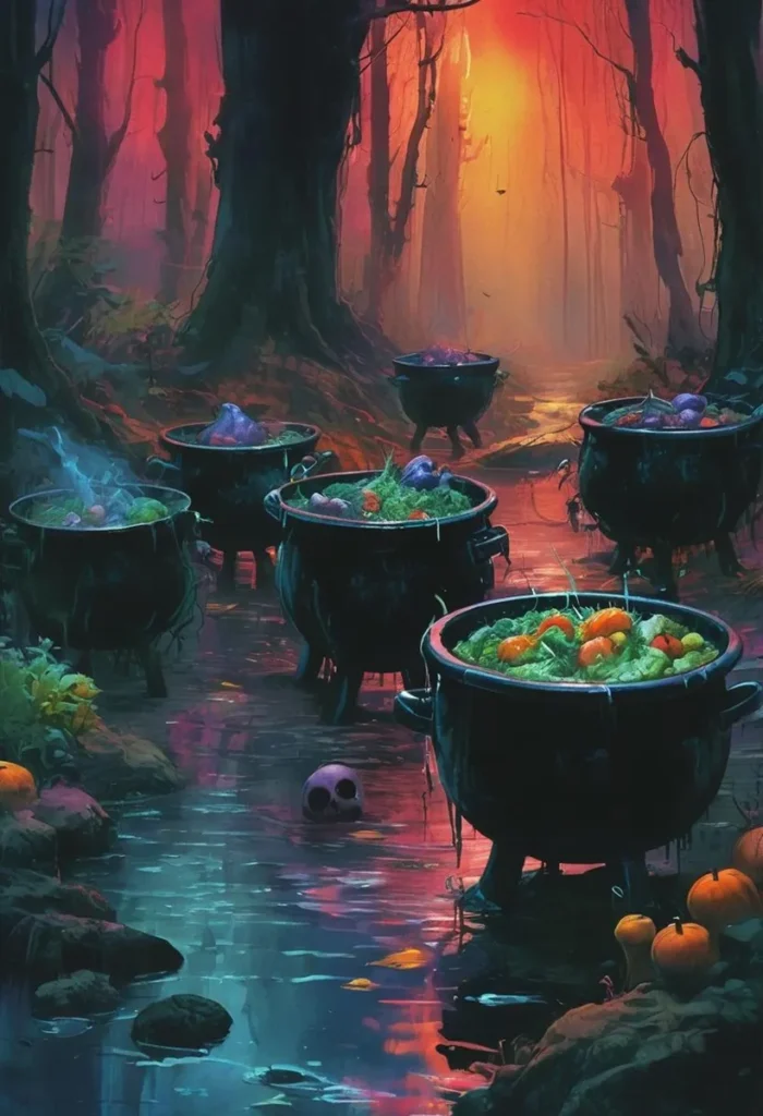 Enchanting forest landscape with multiple witch's cauldrons filled with various magical ingredients. This is an AI generated image using Stable Diffusion.