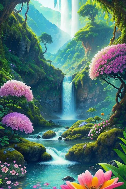 Enchanted forest with a waterfall, characterized by vibrant green foliage, blooming flowers, and misty atmosphere. This is an AI generated image using stable diffusion.