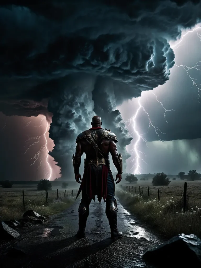 Epic warrior standing on a road with a dramatic thunderstorm in the sky, AI-generated image using Stable Diffusion.