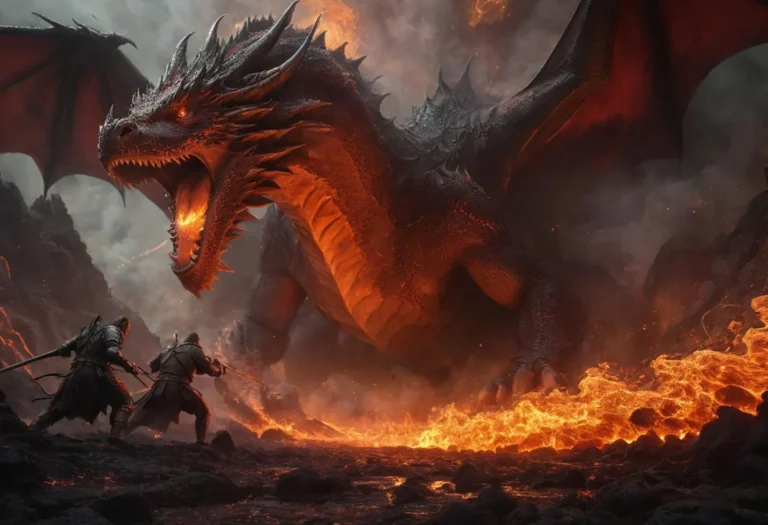 A breathtaking epic battle scene generated by AI using Stable Diffusion features two armored knights wielding swords engaged in combat with a massive, fire-breathing dragon amidst a fiery, smoke-filled background.