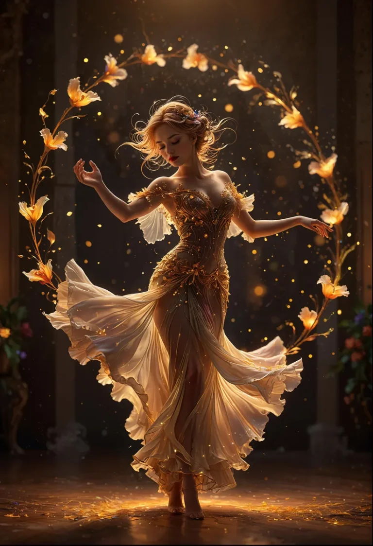 A dreamy scene of a ballerina in a flowing golden gown surrounded by glowing flowers, created using stable diffusion.