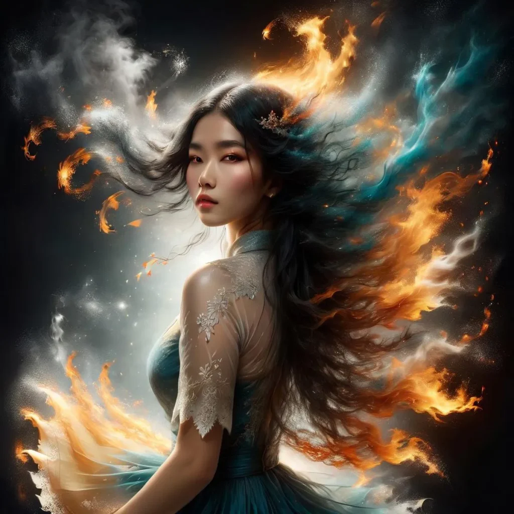 An ethereal woman with long flowing hair surrounded by fiery and watery elements. AI-generated image using Stable Diffusion.