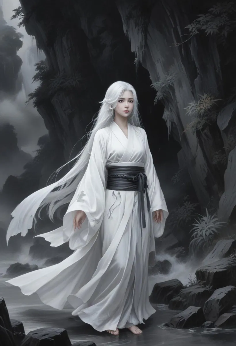 A beautiful ethereal woman with long white hair, dressed in a flowing white kimono, standing in a dark, mystical, rocky landscape. This is an AI generated image using Stable Diffusion.