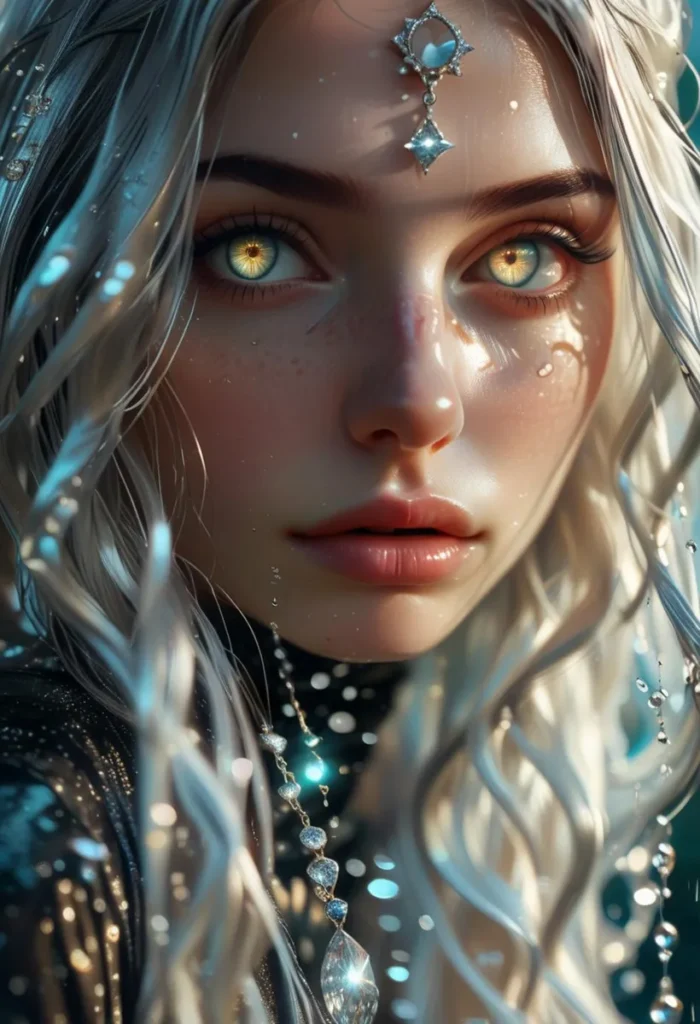 A fantasy portrait of an ethereal woman with starkly realistic and enchanting eyes, generated using AI.