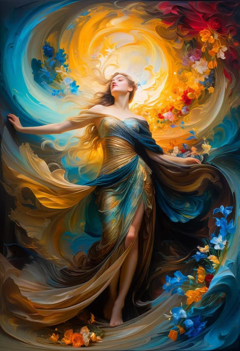 An ethereal goddess enveloped in swirling golden and blue ethereal light, created using Stable Diffusion AI.