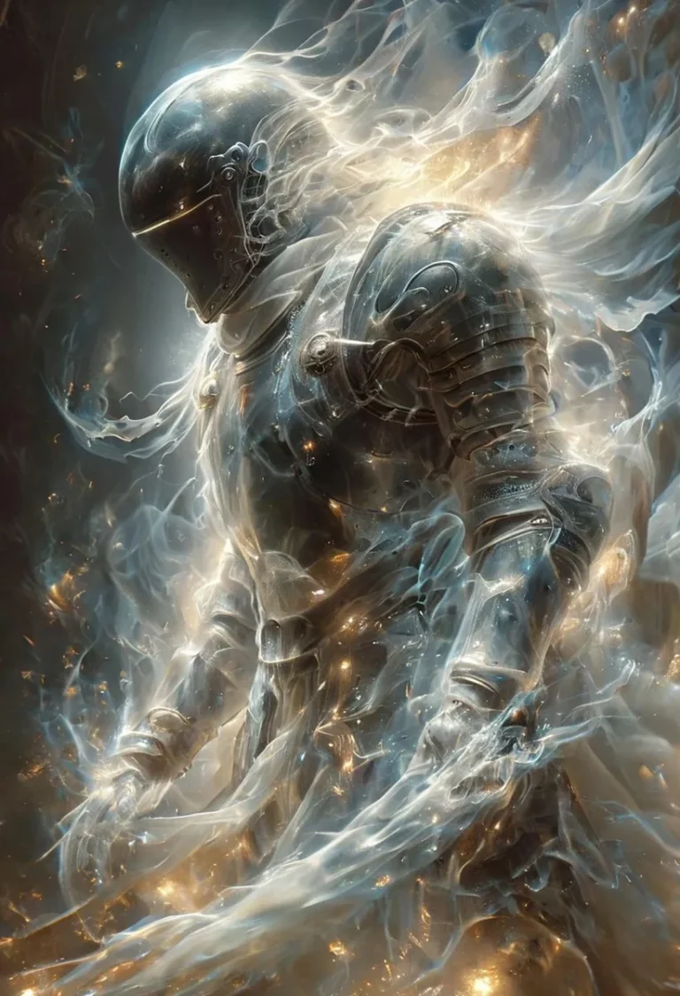 An ethereal knight in shimmering fantasy armor surrounded by glowing mist, created using AI with Stable Diffusion.