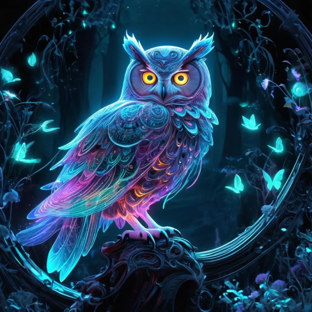AI-generated image of an ethereal owl with neon feathers in a mystical forest created using Stable Diffusion.