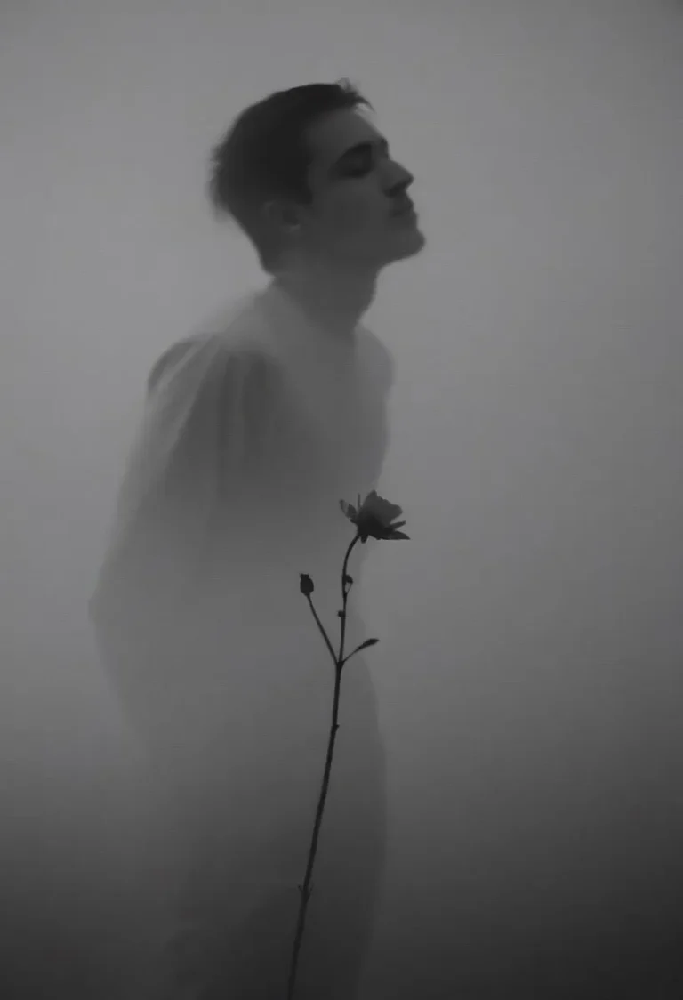 A serene, black and white portrait generated by AI using stable diffusion, showcasing a silhouette of a person leaning forward in a foggy atmosphere with a single, prominent flower stem in the foreground.