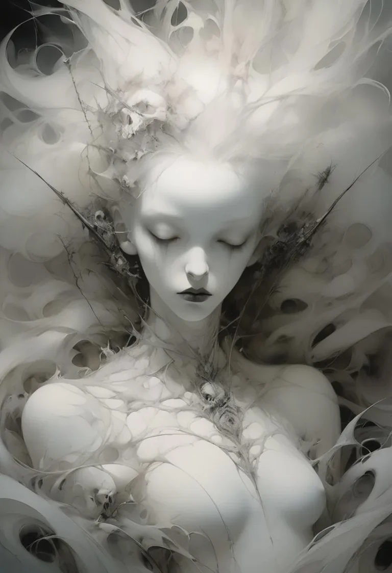 An ethereal woman with closed eyes, surrounded by wisps and skeletal details, AI generated using Stable Diffusion.