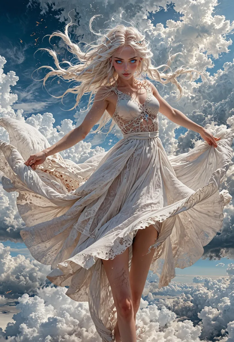 Ethereal woman with platinum hair and blue eyes wearing a flowing dress, surrounded by dreamlike clouds. This is an AI generated image using Stable Diffusion.