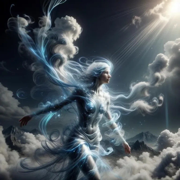 An AI-generated image of an ethereal woman with flowing hair and glowing attire, standing amidst clouds and sunlight using Stable Diffusion.