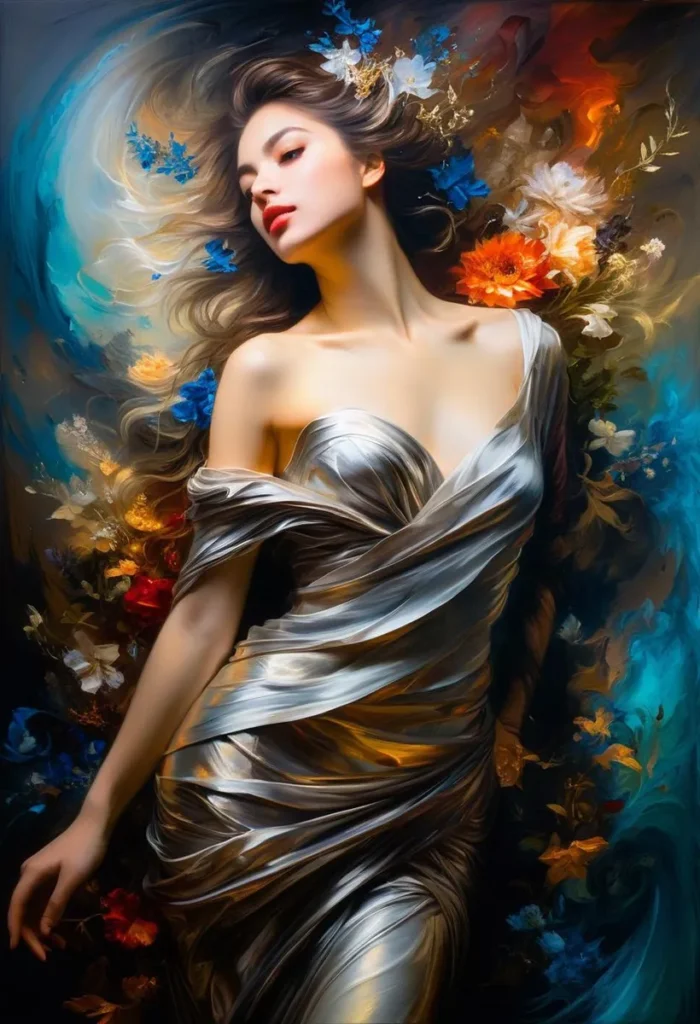 A dreamy painting of an ethereal woman adorned with colorful floral elements, created using Stable Diffusion AI.