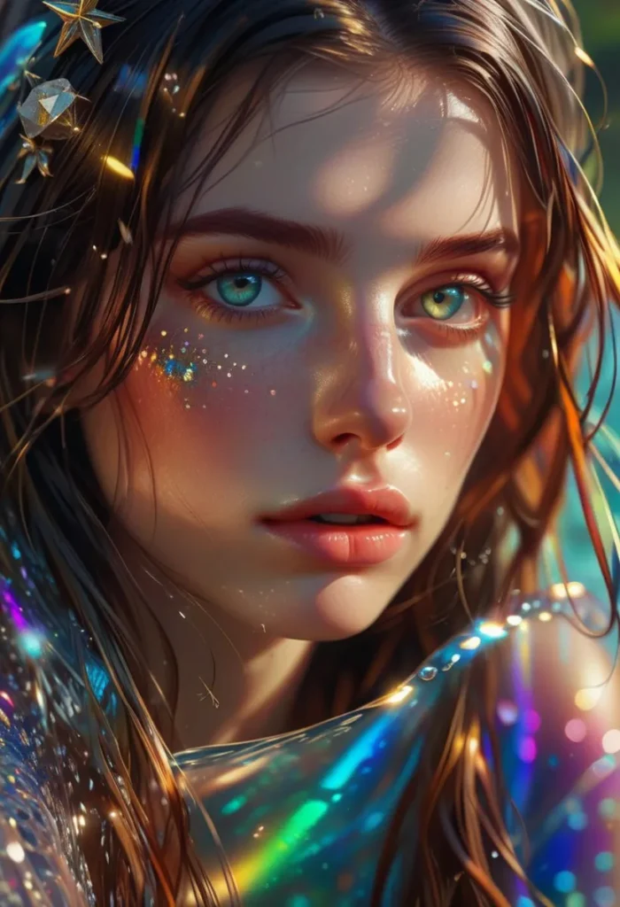 Close-up portrait of an ethereal woman with glitter makeup, sparkling eyes, and holographic effects, created using Stable Diffusion.