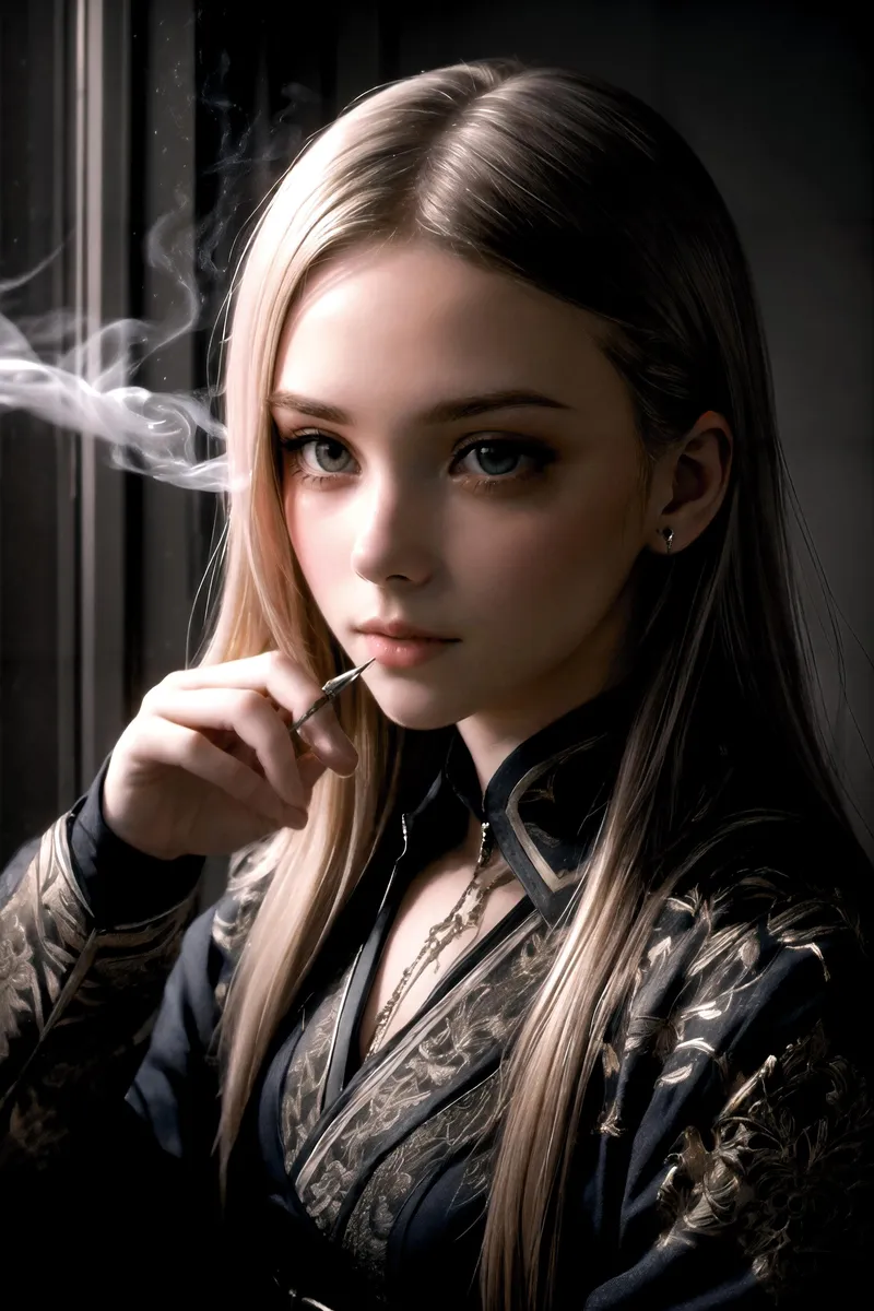 AI generated image of an ethereal woman with long blonde hair, smoky surroundings, and intricate clothing details using Stable Diffusion.