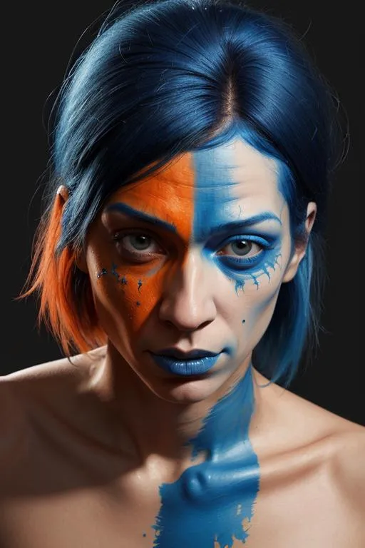A woman with intense blue and orange face paint created using Stable Diffusion. She has blue hair, part painted in orange, and detailed splashes of makeup across her face and chest.