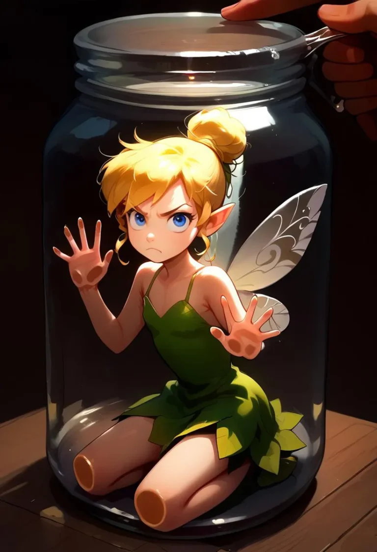 A faerie with blonde hair, green dress, and wings, sitting inside a large glass jar. Emphasize this AI-generated image using Stable Diffusion.