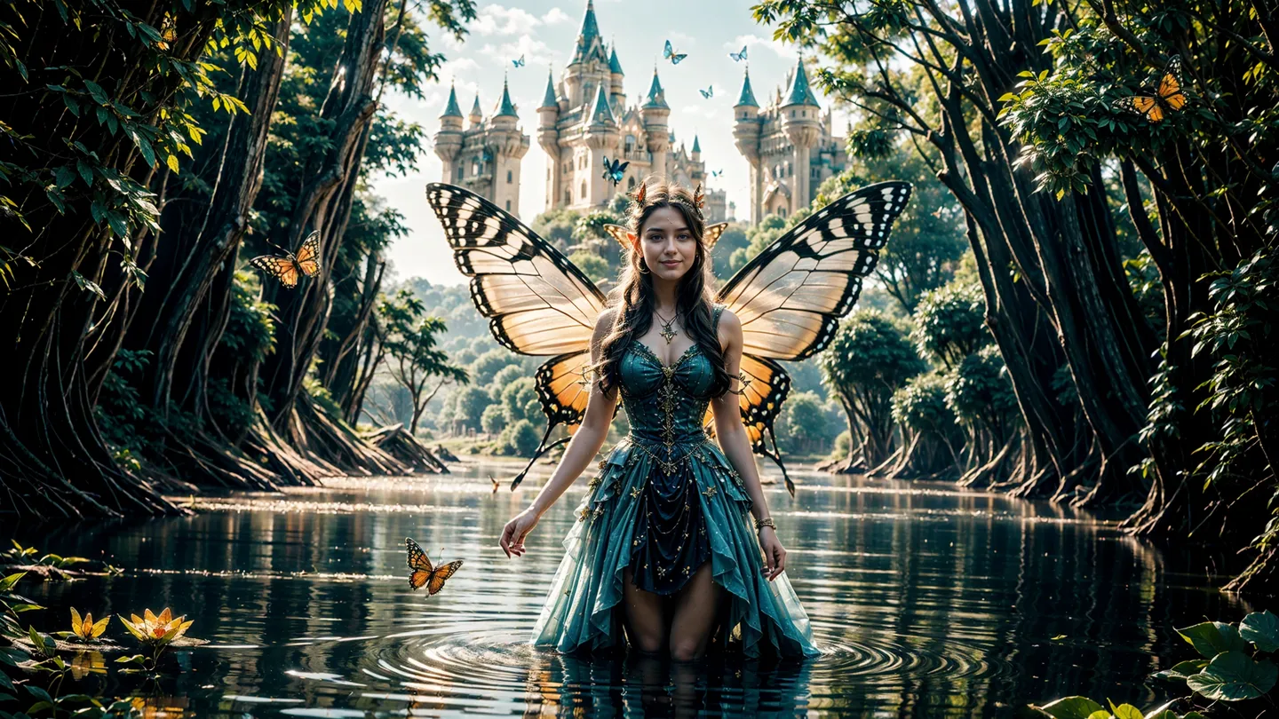 An AI generated image using stable diffusion depicts a fairy with butterfly wings standing in a serene forest waterway, with a majestic castle in the background and surrounded by butterflies.