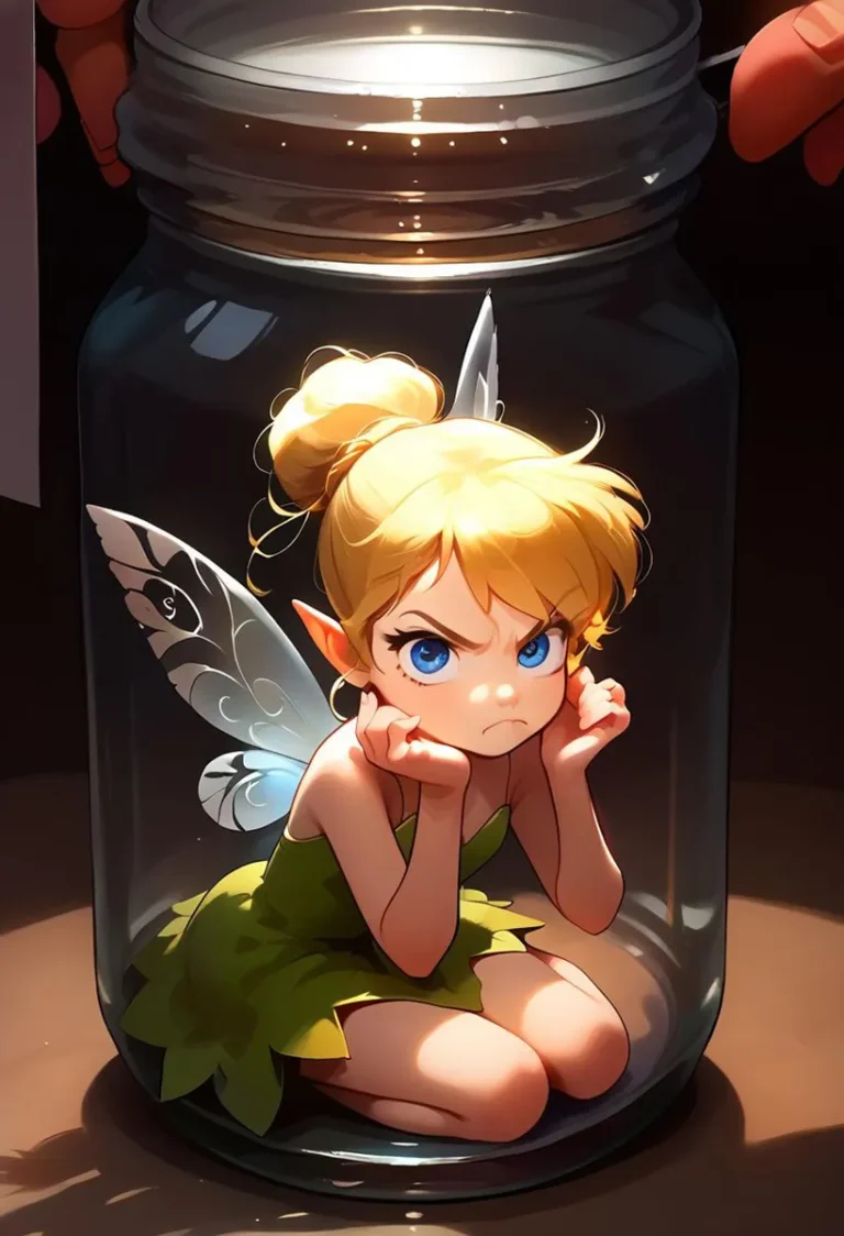 An AI-generated image of a fairy with an angry expression sitting inside a glass jar, created using Stable Diffusion.