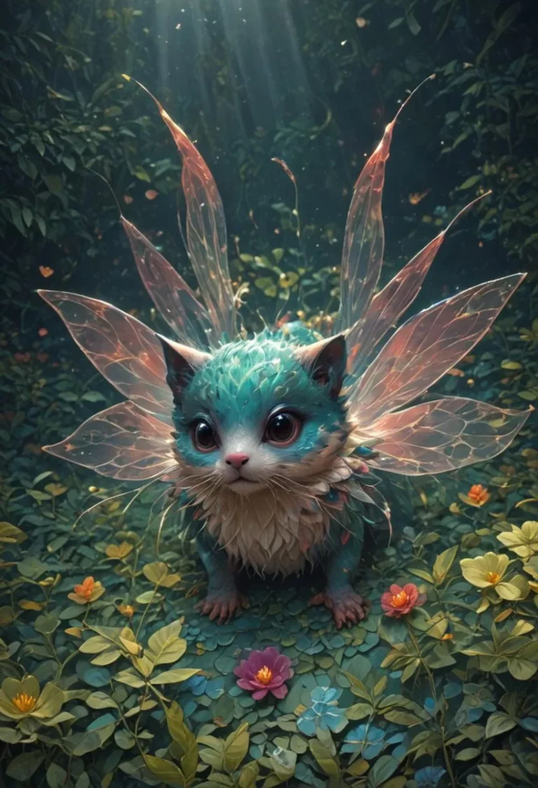 A fantasy fairy cat with transparent wings, surrounded by lush plants and flowers, created using stable diffusion AI technology.