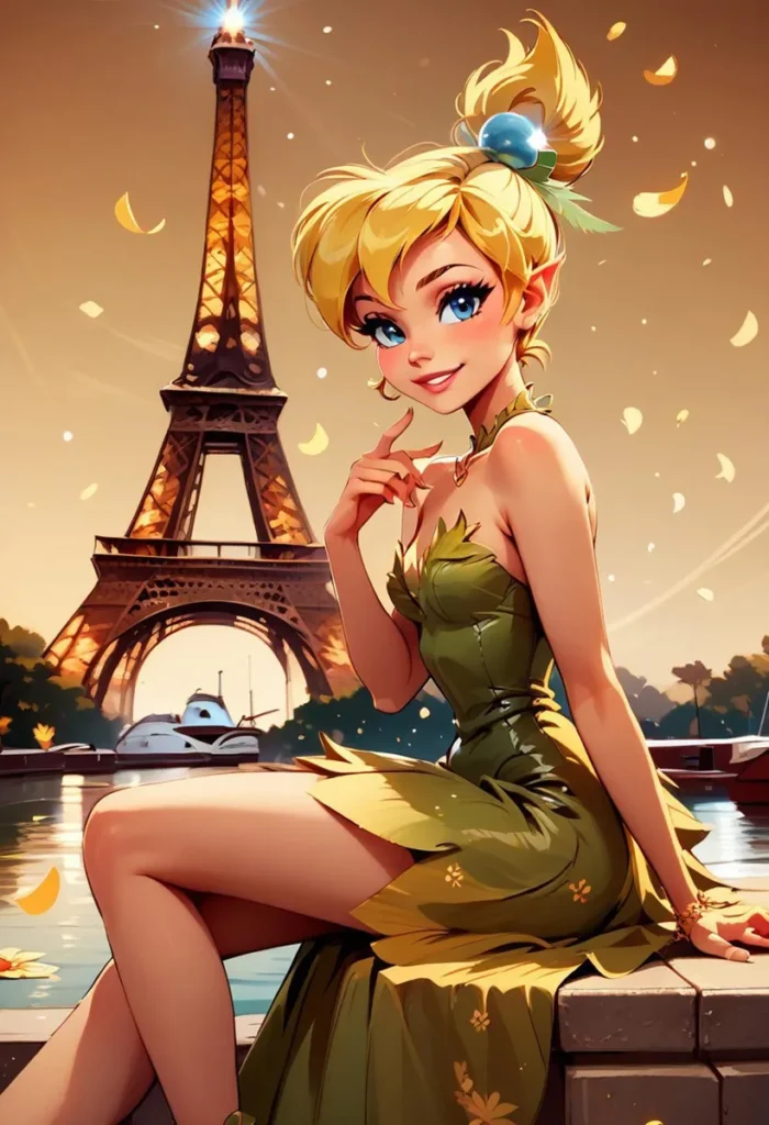 A fairy character in front of the Eiffel Tower with falling leaves, AI generated image using Stable Diffusion.