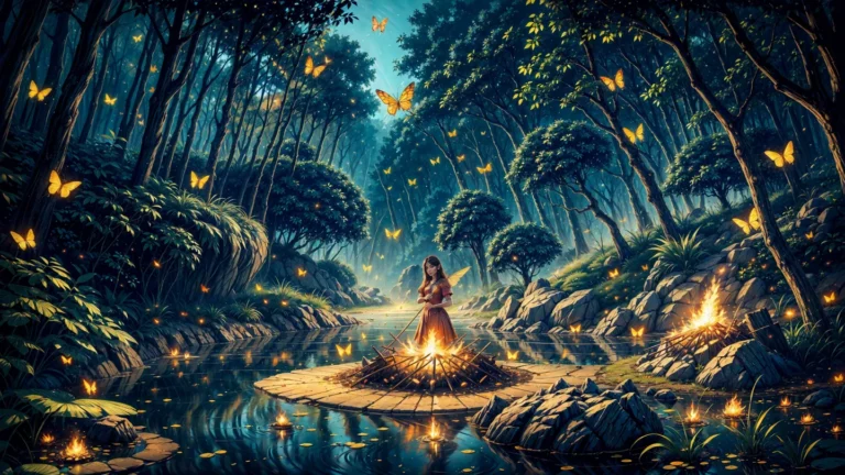 A magical forest scene with a girl, butterflies, and fireflies. AI generated image using Stable Diffusion.