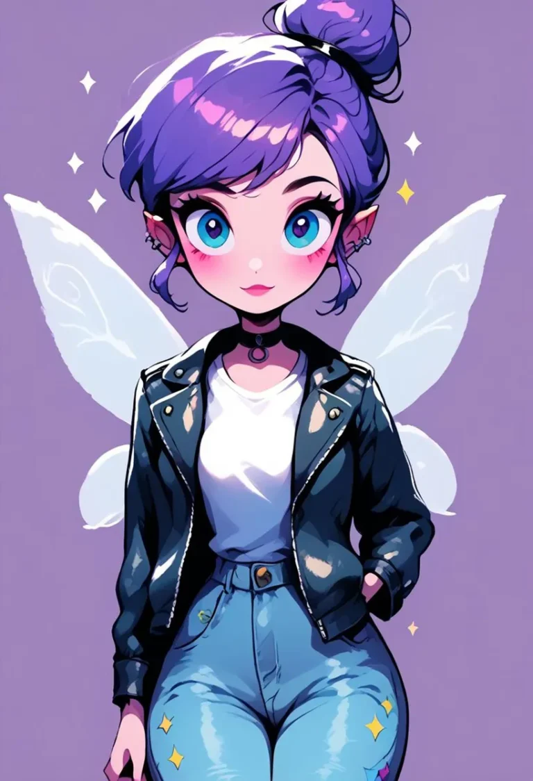 AI generated image using stable diffusion of a fairy girl with large blue eyes, purple hair in a bun, white t-shirt, and leather jacket, standing against a purple background