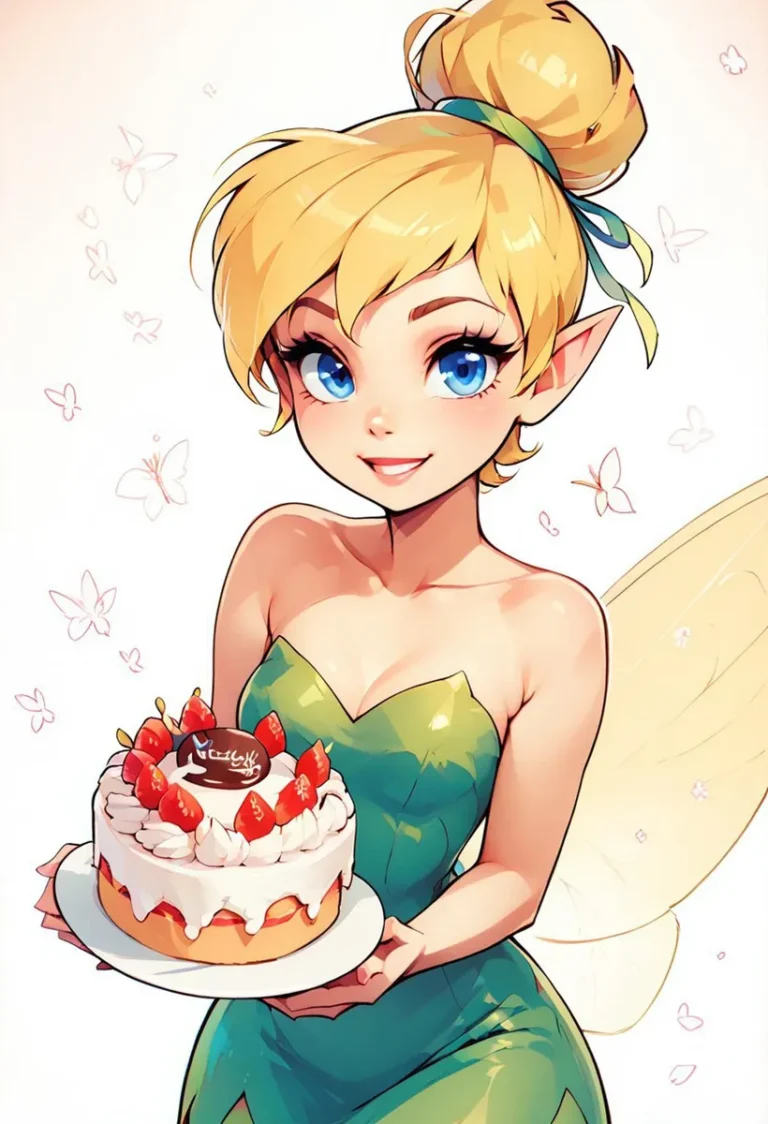 A blue-eyed fairy with blonde hair holding a cake with strawberries, created using Stable Diffusion.